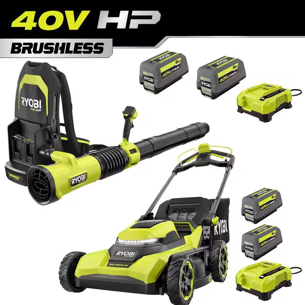 40V HP Brushless 21" Walk behind Self-Propelled Mower & Backpack Blower-(2) 8.0 Ah & 6.0 Ah Batteries & (2) Chargers
