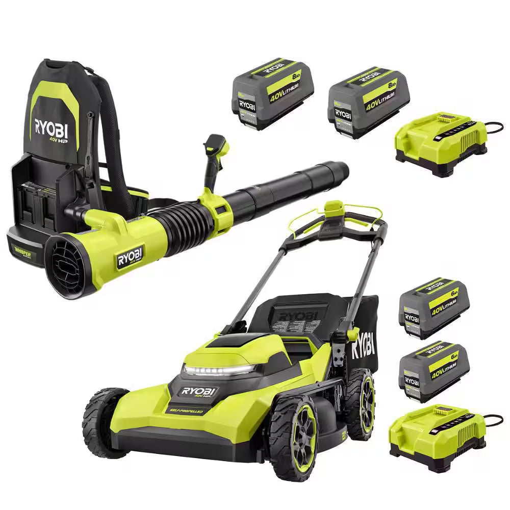 40V HP Brushless 21" Walk behind Self-Propelled Mower & Backpack Blower-(2) 8.0 Ah & 6.0 Ah Batteries & (2) Chargers